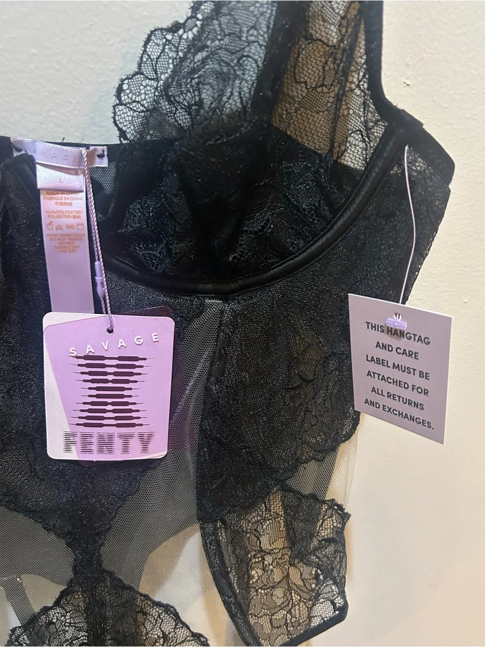 Savage X Fenty Black Lace Bustier Bodysuit with Garters Sz L